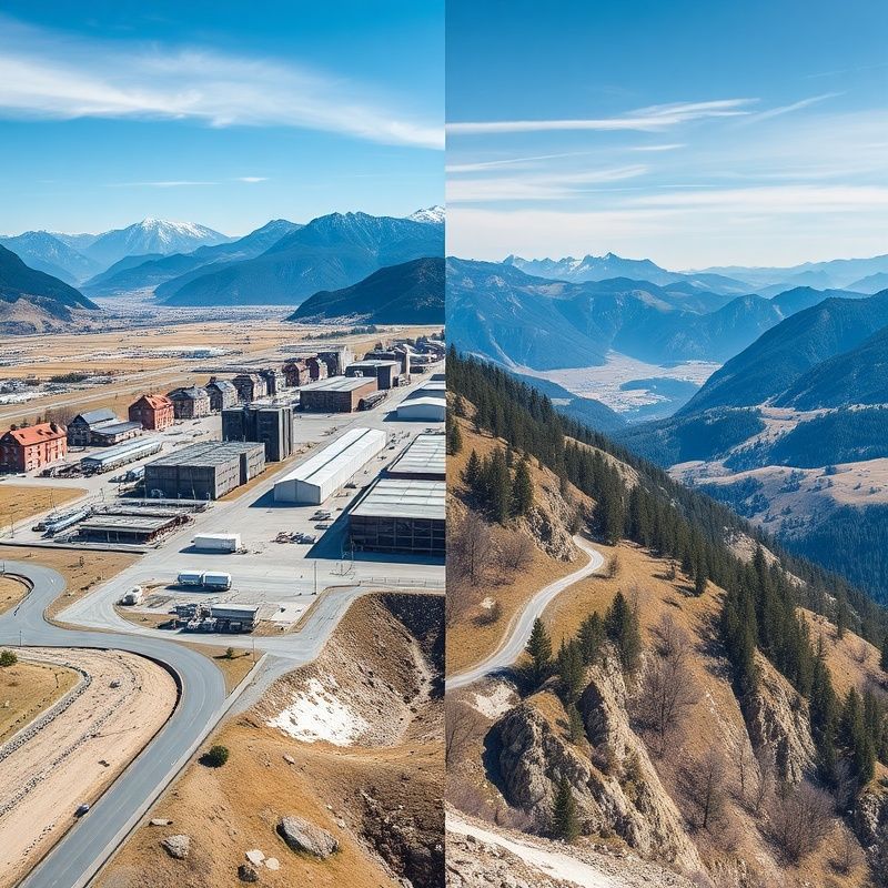 Zračni pogled na slovenski industrijski koridor in alpsko krajino
